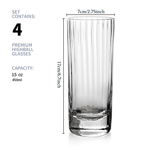 Polidream 15 Oz Highball Glasses With Vertical Ribbed, Elegant Tom Collins Glasses, 4Pc Heavy Base Tall Drinking Glasses, Mojito Glass Cups, Cocktail Glasses, Bar Glassware & Mixed Drink Glass Set #TOP1