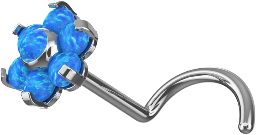 AB, Pink, Blue Opal Stone Flower Push Fit Top 20 Gauge G23 Grade Titanium Corkscrew Twist Nose Screw - Tiny Nose Stud - Nose Piercing Body Jewelry