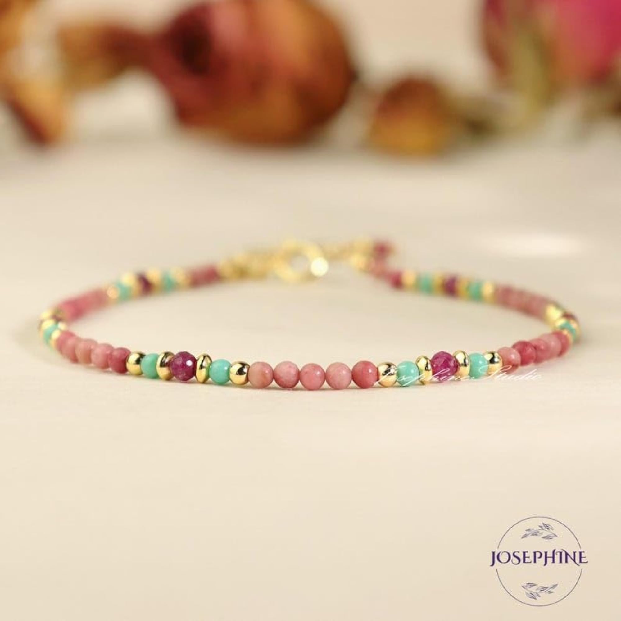 Rhodonite, Turquoise & Garnet 3mm Bracelet, Unisex Adjustable