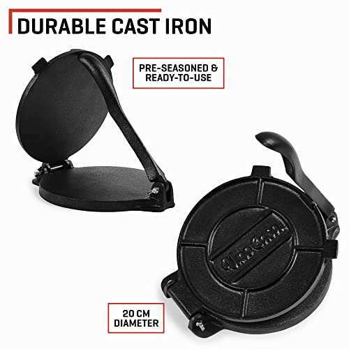 Uno Casa Tortilla Press Cast Iron - 8 Inch, Pre-Seasoned Tortilla Maker with 100 Pcs Parchment Paper - Roti Maker Chapati Machine, Taco press Cast Iron for Authentic Cooking