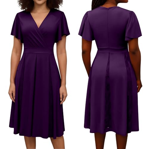 Image of Womens Purple Cocktail Prom Dresses 2025 Summer Sexy V Neck Lace Maternity Clothes Formal Wrap Wedding Guest Bridesmaid Midi Dress,Medium