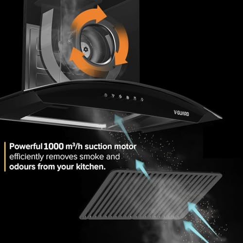 Image of V-Guard C10 60cm Kitchen Chimney | 1000 m /h Suction Capacity | Filterless Chimney | Heat Auto Clean | Elegant Curved Glass Design | Free Cleaning Contract