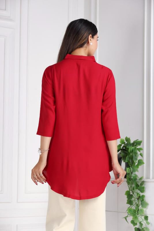Image of Mlada Rayon Flare Top for Women | 3 /4th Sleeve Regular Fit and Flare Top | Women Office Tops Tunic | Western Long Shirt Top for Women | Shirt Collar Top for Women | Rayon Tunic Tops for Women Western