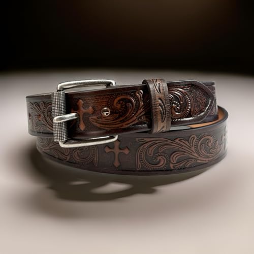 Cross Western Leather Belt for Men Tooled Full Grain Cowhide Leather Handmade Cowboy Belt with Buckle 1.5” Wide3