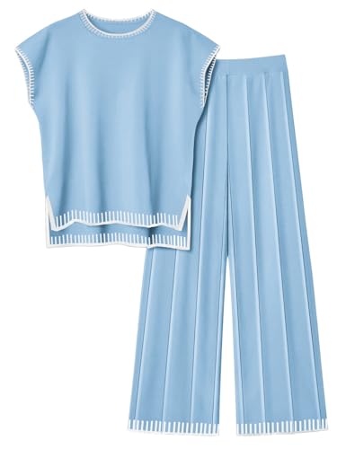 Image of Ekouaer Womens Matching Sets Knit Sweater Sets 2 Pieces Lounge Set | Pullover Tops Wide Legs Pants Casual Outfits