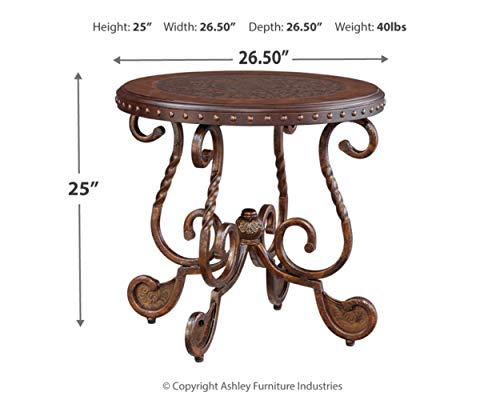 Signature Design By Ashley Rafferty Ornate Round End Table With Decorative Metal Detail, Dark Brown #TOP2