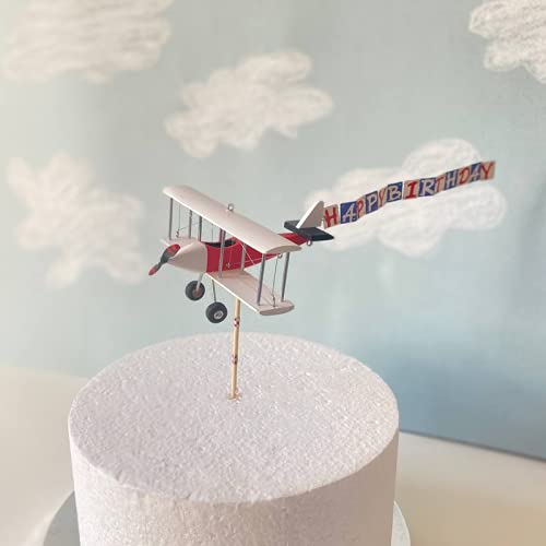 Airplane Happy Birthday Custom Name Cake Topper. Vintage Wooden Airplane With A Personalized Banner Name Or Any Other Text. Red-White #TOP5