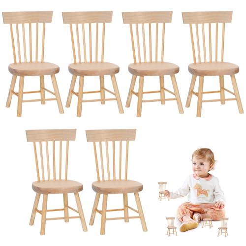 6PCS Dollhouse Chairs, 1/12 Scale Dollhouse Furniture - Wooden Mini