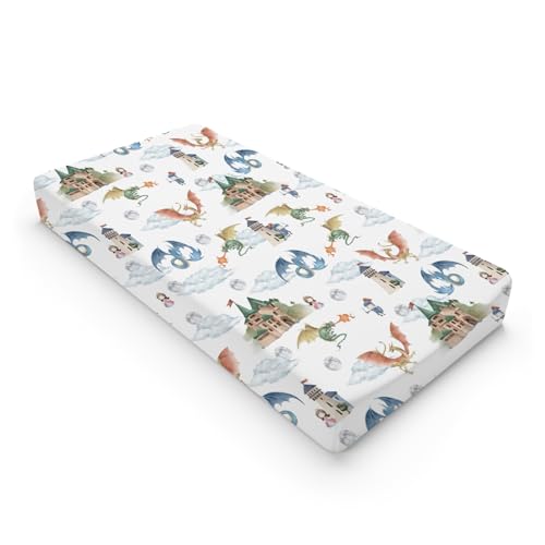 Image of Fairytale Dragons Castle Changing Pad Cover Watercolor Dragon Princess Knight Moon Clouds Baby Diaper Change Table Cover for Boy Girl Soft Stretchy Snug Fitted Changing Table Sheets Mats 32''x16''