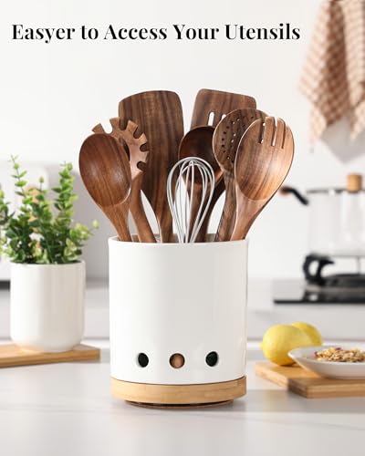 Image of LoeJan 7.3 inch 360 Rotating Ceramic Utensil Holder for Kitchen Countertop - Cooking Utensil Crock Organizer with Non-Slip Cork Base for Farmhouse Kitchen Decor, White