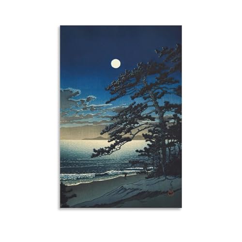 川瀬巴水『春の月 二宮海岸(浮世絵)』ポスター ウォールアート 部屋飾り 絵画 ベッドルーム リビング 壁の絵20x30inch(50x75cm)