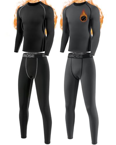 Image of Orrfreer 2 Pack Kids Thermal Base Layer Set Boys Compression Sets Fleece Lined Long Sleeve Top & Bottom for Ski Sport Football Basketball Black/Charcoal M