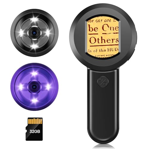 Hayve Lupa digital con pantalla IPS de 2 pulgadas, lupa 100X con luz, lupa para lectura, luces blancas y moradas, compatible con Windows, tarjeta TF de 32 GB