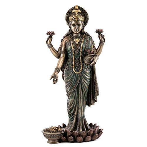Top Collection Lakshmi Statue on Lotus Platform - Goddess of Wealth Prosperity Wisdom and Fortune Sculpture in Premium Cold Cast Bronze- 10.25-Inch Collectible Hindu Figurine (Cold Cast Bronze)