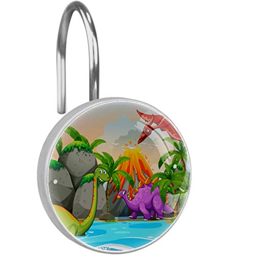 Dinosaur Nature Shower Curtain Hooks Set of 12,Stainless Steel Rustproof Resin Hooks for Bathroom,Kids Room,Living Room,Bedroom,Home Decor