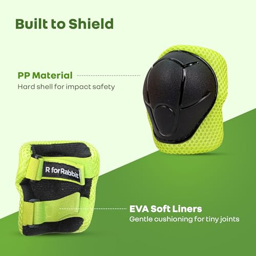 Image of R for Rabbit Safe Play Protector Pads for Kids | Knee, Elbow & Wrist Guards Set | Adjustable Protective Gear for Cycling, Skating | PP Shell EVA Soft Liners Cushion Pads for 6-12 Years (Green Sports)