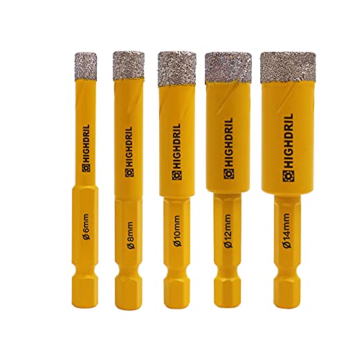 HIGHDRIL Dry Diamond Drill Bits,5pcs 6mm/8mm/10mm/12mm/14mm with Hex Shank for Granite Marble Porcelain Tile Ceramic
