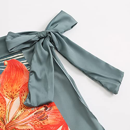 Women's One Piece Swimsuit with Cover up Beach Skirt Retro Floral Printed Swimsuit Bathing Suit Ruffle V-Neck Monokini Swimwear Sarong Coverups Two Piece Bikini Set Beachwear Light Apricot Floral L - Image 6