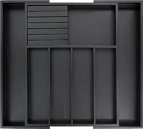DFW Consumables - Bamboo Wood Drawer Organizer, Silverware Drawer Organizer, Kitchen Drawer Organizer with Drawer Dividers and removable knife block. – 12.75-22 x 17 x 2 In (Black)