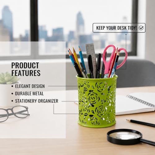 Image of Metal Mesh Pen Stand for Office & Home Desk | Black Stationery Holder Organizer for Pens, Pencils, Markers, Makeup Brushes | Durable Round Wire Mesh Pen Stand (Pack of 1) (Floral Green)