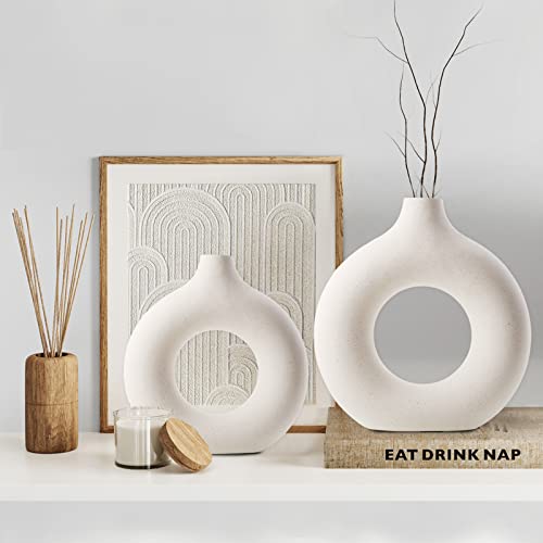 Lzv White Ceramic Vase Nordic Circular Matte ​Hollow Donut Flower Vases For Dinner，Office，Bedroom，Table，Party，Living Room（Whitelarge） #TOP2