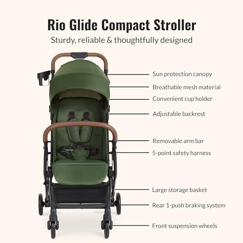 Image of Dream On Me Rio Glide Ultra-Light Compact Stroller, One-Hand Self-Standing Fold, Adjustable Backrest & Footrest, 5-Point Harness, Cup Holder, Suspension Wheels with Storage Basket - Forest Green
