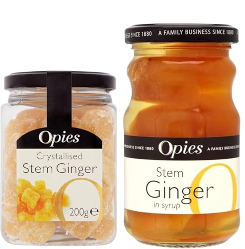 Stem Ginger Bundle contains Opies Crystallised Stem Ginger 200g and Ginger in Syrup 280g Wooden Spoon