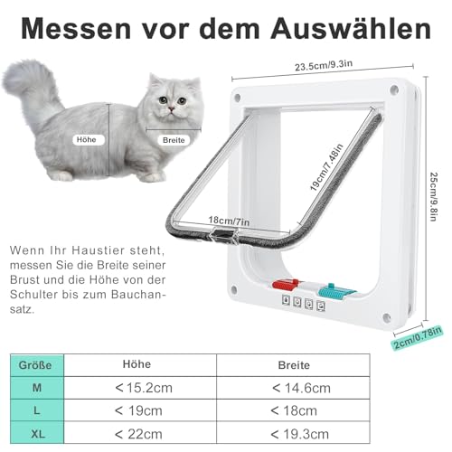 Katzentür für Fenster, Fliegengittertüren und Schiebetüren, Sicherheitstür für Haustiere mit 4-Wege-Sperre, wetterfeste Katzenklappe für dünne Tür und Wand (L Außengröße, 25cm x 23.5cm)