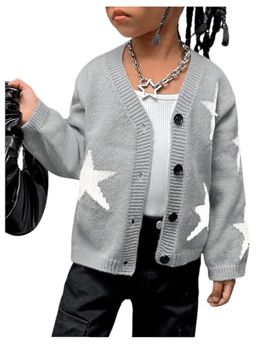 MakeMeChic Girl's Star Pattern Sweater V Neck Cardigan Long Sleeve Button Front Cute Knitted Tops