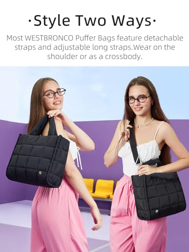 Image of WESTBRONCO Puffer Crossbody Bags for Women Quilted Tote Bag Puffy Weekender Overnight Bag Nylon Shoulder Handbag