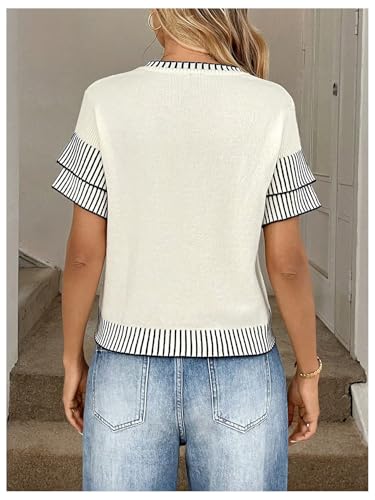 Milumia Women's Ruffle Short Sleeve Crew Neck Knit Top Striped Trim Sweater2
