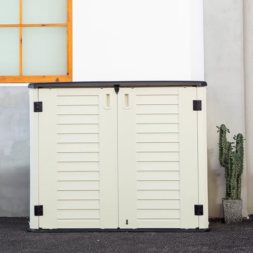 Image of Mrosaa Outdoor Patio Storage Shed,Waterproof Horizontal Outdoor Storage Cabinet for Garbage Cans,Tools and Lawnmower Lockable(34 Cu.ft-Warm-White)