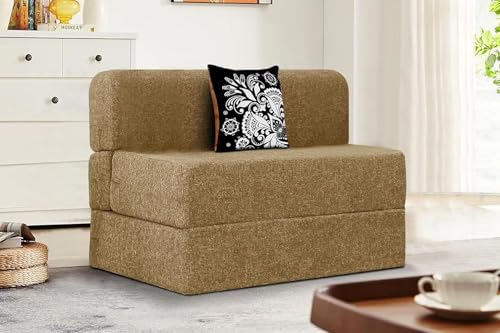 Image of Rosebell One Seater Sofa Cum Bed | Jute Fabric Washable Cover | with Cushions Perfect for Guest | Golden-Color | 3' X 6' Feet