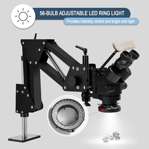 Image of Jewelry Microscope, 7X-45X Magnification with Multi-Directional Spring Stand, 56-LED Ring Light, 0.5X Barlow Lens, for Jewelry Engraving Setting Making