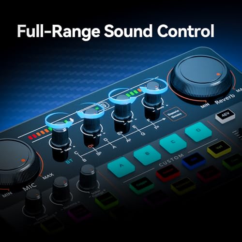 EASEMELO Live Streaming Sound Card, Professional Audio Mixer with 48V Phantom Power, Bluetooth, Noise Reduction, 1800mAh Battery, 9 Interfaces for Live Broadcast, Karaoke, Podcast