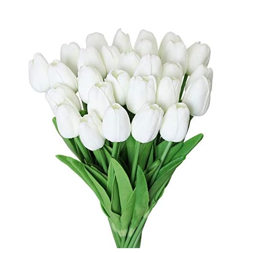 Kisflower 30Pcs Flores Artificiales de tulipán Ramo de Tulipanes Falsos Flores Reales para decoración (Blanco)