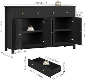 FirFurd Sideboard 140cm Large Kitchen Sideboard Storage Cabinet Black Kitchen Cabinet Cupboard with 2 Drawers 4 Doors Adjustable Shelves for Living Room Dining Room 140x40x89cm