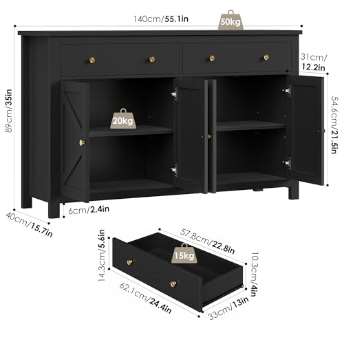 FirFurd Sideboard 140cm Large Kitchen Sideboard Storage Cabinet Black Kitchen Cabinet Cupboard with 2 Drawers 4 Doors Adjustable Shelves for Living Room Dining Room 140x40x89cm