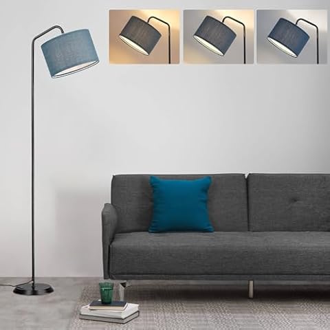 ELYONA LED Floor Lamp with 3 Color Temperatures, Modern Reading Standing lamp with Blue Linen Adjustable Hanging lampshade, Tall Pole Metal Lamp with 9W Bulb for Bedroom, Living Room, Office Cover