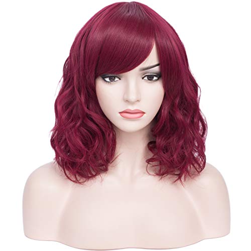 BERON Burgundy Wig Short Wavy Wig Wine Red Wig with Bangs Dark Red for Women Heat Resistant Synthetic Hair Burgundy Cosplay Costume Daily Wear Wig ( Wine Red)