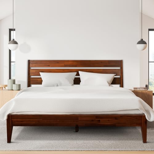 Acacia Emery Wooden Bed Frame with Headboard, Solid Wood Platform Bed with Wood Slat Support, No Box Spring Needed, Queen (U.S. Standard), Chocolate, 14 Inch, V1
