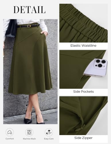 Image of Women's Business Casual Midi Skirt, High Waist Flowy Skirts with Pockets | Flowy, Work, Basic, Elegant, Teacher, Formal, Office, Funeral, Church, Fashion, Outfits, Clothing