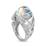 HAIXIAN Feather Leaf Moonstone Ring,S925 Sterling Silver Statement Angel wings Ring,Cocktail Party Jewelry for Women (Ring_A, 8.0)
