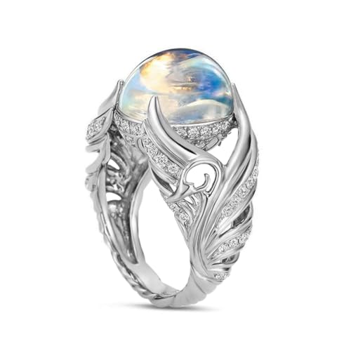 HAIXIAN Feather Leaf Moonstone Ring,S925 Sterling Silver Statement Angel wings Ring,Cocktail Party Jewelry for Women (Ring_A, 8.0)
