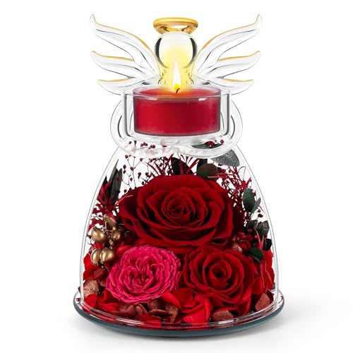 Agrul Mothers Day Roses Gifts for Mom Women,Preserved Real Flowers Roses in Glass Angel Figurines Candle Holder with Tealight Candle Holder/Red