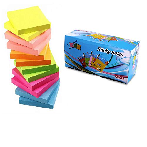 Sticky Notes 3x3 Inches,12 Pads/Pack 100 Sheets/Pad Sticky Notes,6 Bright Colors Self-Stick Pads Box Packing by Morwealth