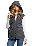PESION Womens Packable Utility Vest Drawstring Waist Military Sleeveless Lightweight Windbreaker Jacket with Removable Hood, Dark Gray, XX-Large