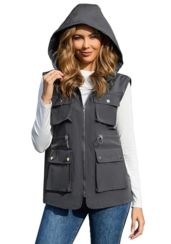 PESION Womens Packable Utility Vest Drawstring Waist Military Sleeveless Lightweight