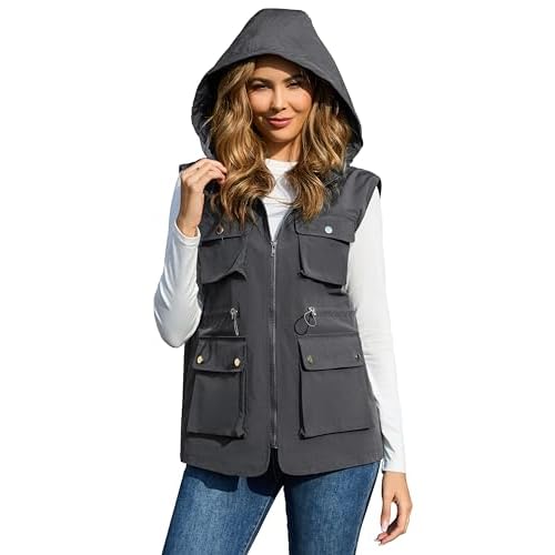 PESION Womens Packable Military Utility Vests Outerwear Waterproof Windbreaker Jacket Cargo Vest with Removable Hood Dark Gray Small