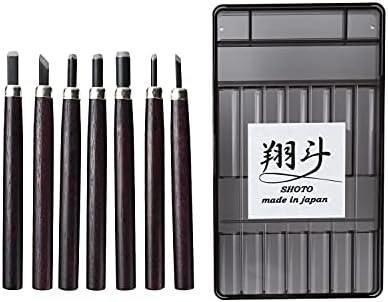Shoto. Made in Japan. ７pc.Wood Knife Kit, Wood Carving Tools and Case, Hand Carving Tool Set for DIY, Chisels, Gouges, Scrapers, V Parting, Relief Tools for Wood Blocks, Basswood, Softwoods (7)